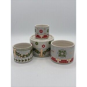 4 Anthropologie Bistro Tile Measuring Cups Ceramic Nesting Ramekin Festive EUC